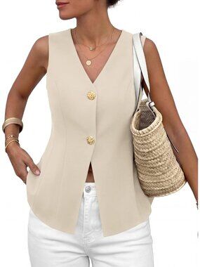 Women's Beige Summer Sleeveless Blazer Vest Tops 2026 Trendy V Neck Button Down